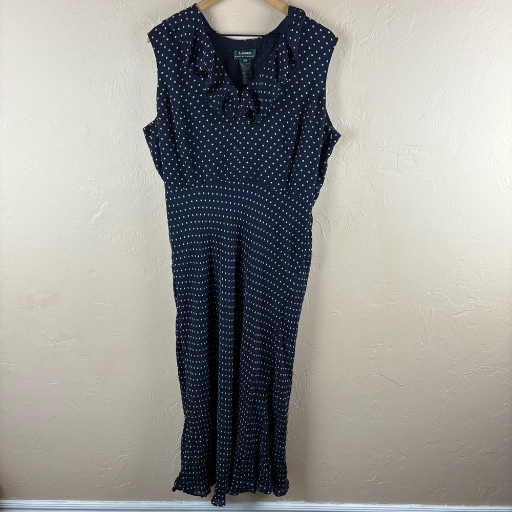 Ralph Lauren Silk Navy Polka Dot Women's Dress Ruffle Long Sleeveless Size 18